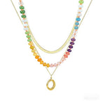 Gmai Layered Beaded Necklace for Women Colorful Trendy Snake Chain Circle Pendant Choker Gold Chain Adjustable Length Bohemian Rainbow Stackable Necklaces Jewelry Gift - style: Green yellow white string beads