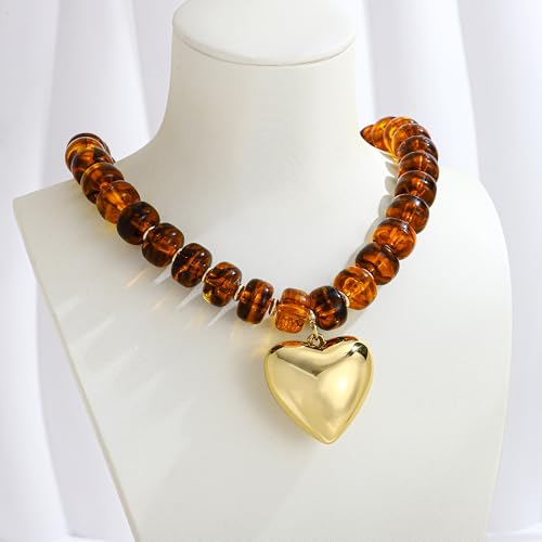 Gold Heart Pendant Necklaces for Women Colorful Acrylic Resin Beaded Choker Necklace Fashion Chunky Statement Beaded Heart Necklace - color: Brown