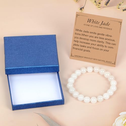 LPBeads Handmade Natural Gemstone Stretch Elastic Bracelet Healing Crystal Round Stone Beads Jewelry Gifts for Women Men - color: White Jade, size: 10mm