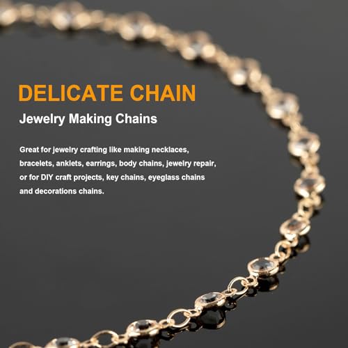 KYUNHOO 16.4 Feet Jewelry Making Supplies Set Gold Plated Brass Chain for Jewelry Craft Making Clear Beaded Necklace Chains Roll with Jump Rings Lobster Clasps - color: Clear Beaed-Gold