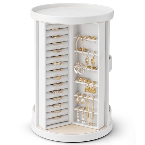 VLANDO 360°Rotating Jewelry Box,Earring Organizer Large Vertical Jewelry Organizer with 6 Necklace Hooks, Open Ring Display Storage for Women -White - color: White