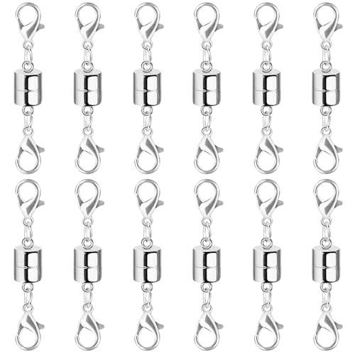 Magnetic Necklace Jewelry Clasps and Closures with Double Lobster Clasp, Silver Magnetic Jewelry Clasps for Necklaces, Bracelet Necklace Extenders for Women (12PCS) - color: 12Pcs Silver