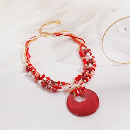 Coiris Shell Pendant Statement Strand Necklace for Women Boho Multi Beads Natural Stone Colorful Necklace Bohemian Handmade Chunky Shell Beaded Collar Jewelry for Women - color: Red