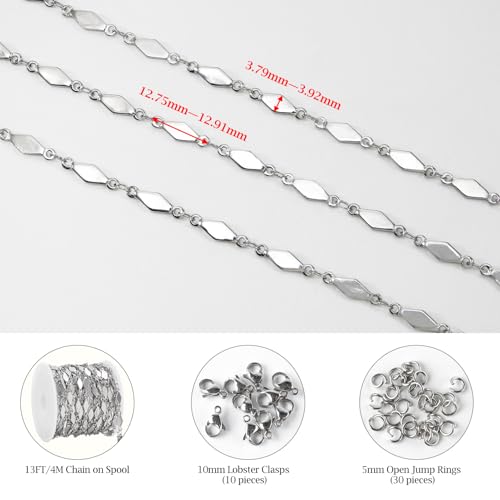 KYUNHOO 13 Feet Stainless Steel Jewelry Making Chains Bulk Rhombus Link Silver Craft Chain Necklace for Men Women with Lobster Clasps and Jump Rings - color: Rhombic Silver
