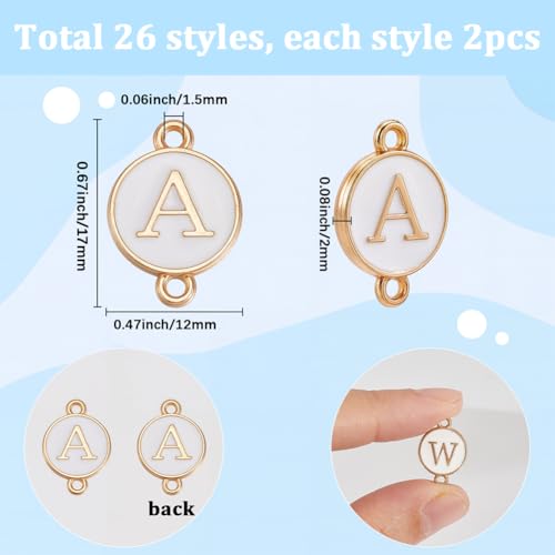 SUNNYCLUE 52Pcs 26 Styles Alphabet Connector Charms Double Link Charm Enamel White Flat Round A to Z Letter Gold Alloy Double Loops Pendants Findings for Jewelry Making Necklaces Bracelets DIY Crafts