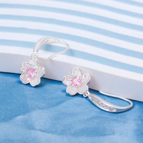 Pink Flower Earrings for Women 925 Sterling Silver Cherry Blossom Earrings Pink Crystal Flower Sakura Fish Hook Earrings Lightweight Elegant Christmas Wedding Holiday Floral Jewelry Gifts