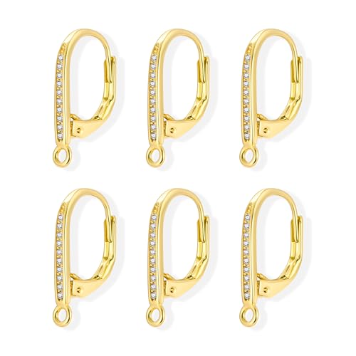 6Pcs Gold Leverback Earring Hooks, Hypoallergenic 14K Goldplated Dangle Ear Hooks French Hoop with Zirconia, 925 Sterling Silver Findings Earring Leverback Hook Making Replacement Supplies Set - color: 6PCS_Gold