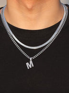 P. BLAKE Layered Initial A-Z Pendant Necklaces for Boys Men, Stainless Steel Letter Cuban Link Herringbone Chain Fashion Jewelry Gifts - color: Silver, size: Letter N