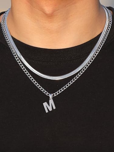 P. BLAKE Layered Initial A-Z Pendant Necklaces for Boys Men, Stainless Steel Letter Cuban Link Herringbone Chain Fashion Jewelry Gifts - color: Silver, size: Letter T