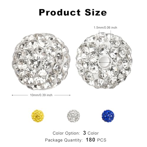 256Pcs 10mm Rhinestone Beads Kit 3 Colors, Round Sparkle Disco Ball Rhinestone Beads Set with Cross Charms and Accessories for DIY Baseball Necklaces Bracelets Earrings Jewelry Making - color: White, Deep Blue & Yellow