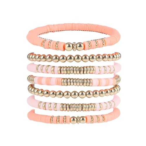 Pingyongchang Heishi Gold Beaded Bracelets Set for Women Men Bohemian Polymer Clay Colorful Surfer Vinyl Disc Stretch Layering Stackable Friendship Boho Bracelet Summer Beach Jewelry Gifts - color: Pink