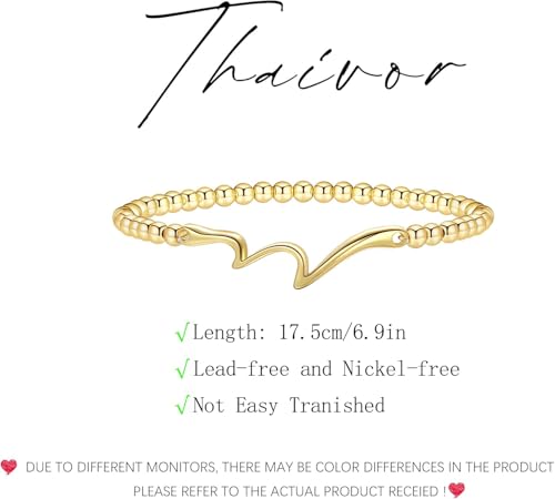 Mothers Day Gifts - Beaded Bracelets for Women 14K Silver Gold Plated Stretch Handmade Ball Bracelets Cute Charm Bracelet Dainty Stackable Cross Heart Bow Wave CZ Circle Trendy Jewelry Easter Gifts - color: wave