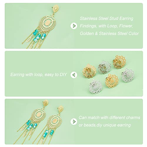 UNICRAFTALE About 24pcs Bohemian Stud Earring with Loop Stainless Steel Filigree Hollow Ear Stud Component with Stoppers Ear Nuts 0.7mm Pin Earring Posts for Jewelry Making - color: 2 Colors/Flower