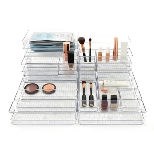 27 PCS Clear Plastic Drawer Organizer Set, 4 Sizes Acrylic Drawer Storage Trays Non Slip Storage Bins for Makeup, Jewelry, Gadgets for Kitchen, Bedroom, Bathroom, Office - style: 27 PCS with 4 sizes