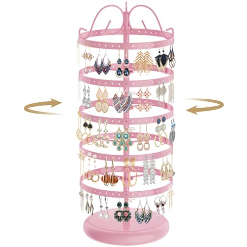 LASZOLA 5 Tier Pink Earring Holder Organizer Tree Women Display Storage for Stud and Hoop, Large Cool Rotating Clip Stand for Pierced and Dangle Earring, Vertical Metal Tower Carousel with 220 Holes - color: Pink, size: 5 Tier, 220 Holes