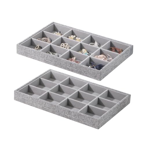 Stackable Jewelry Organizer Tray For Drawers,White Leather Small Earring Storage Tray,Bracelet And Necklace Display Box,Jewelry Ring Display Case (Gray 12 Grids) - style: Gray 12 Grids