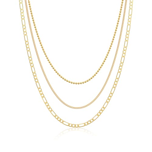 Tewiky Layered Necklaces for Women Non Tarnish- Chunky 14k Gold Plated Herringbone/Snake/Rope/Box/Cuban Link Chain for Women Waterproof Layering Stack Choker Necklace Trendy Dainty Tarnish Free Jewelry Set - color: 3 Bead/cuban/figaro-Gold