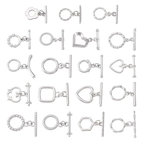 38Pcs Platinum Toggle Clasp, 19 Styles Bracelet Closure Clasps IQ Toggle Clasps Oval Flower Heart Clasp Fastener Hook Toggles Connectors for Necklace Bracelet Jewelry Making - color: Platinum-19 Styles