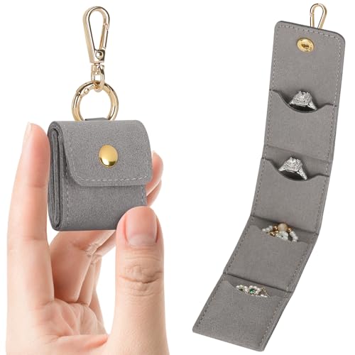 KUKUVR Mini Jewelry Holder Pouch with Keychain, Portable Travel Jewelry Organizer Box for Rings Earrings Necklace Stud, Small Velvet Jewelry Storage Bag for Gym Women (Grey) - color: Grey