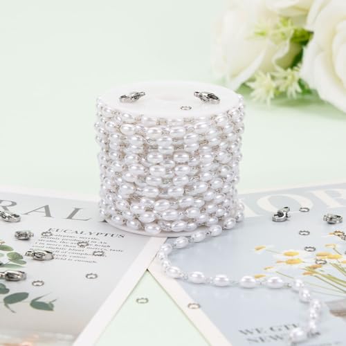 KYUNHOO 16.4FT/5M Faux Pearl Bead Jewelry Making Chains for Crafts Stainless Steel Cable Chain Roll with Jewelry Clasps for Women DIY Handcrafts - color: Pearl Bead Silver