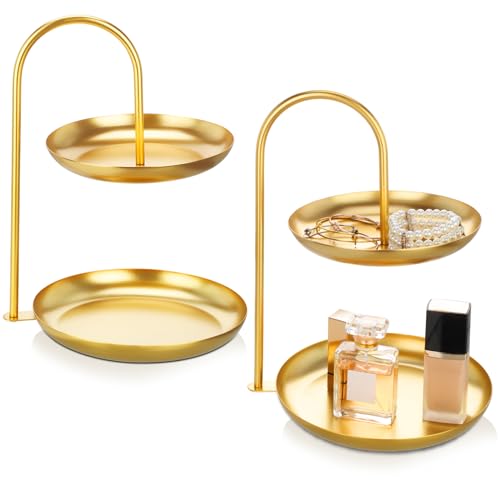 Maxcheck 2 Pcs Necklace Display Stand 2 Tier Jewelry Holder Tabletop Jewelry Organizer Tower with Round Storage Tray Organizer Tower for Bracelets Necklaces Earrings Makeups(Gold) - color: Gold