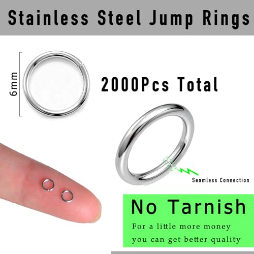 2000 PCs No Tarnish Stainless Steel Jump Rings for Jewelry Making, 6mm, 20 Gauge Thickness, Silver (6mm) - color: 6mm