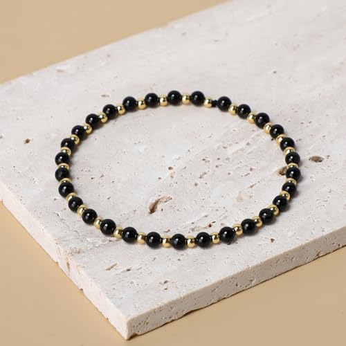 QOGIR 14k gold Handmade Healing Bracelet, Natural Gem Stone Crystal Elastic Gold Bracelet - color: Black Onyx - Protecting and Grounding, size: 4m