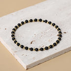 QOGIR 14k gold Handmade Healing Bracelet, Natural Gem Stone Crystal Elastic Gold Bracelet - color: Black Onyx - Protecting and Grounding, size: 4m