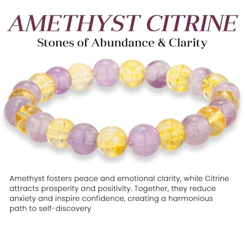 Crystal Vibe 8mm Beaded Bracelets For Women Men - Healing Crystal Bracelet - Adjustable Size - color: amethyst citrine