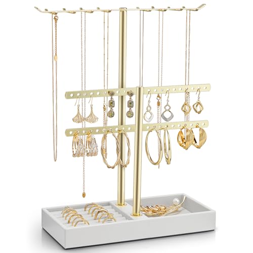 VLANDO 2 Tier Jewelry Stand Organizer with Tary, Leather Jewelry Holder Display for Women, Gold Jewlery Holder Stand for Necklace, Earring, Bracelet, Rings - White - color: A. White, size: 2-Layer