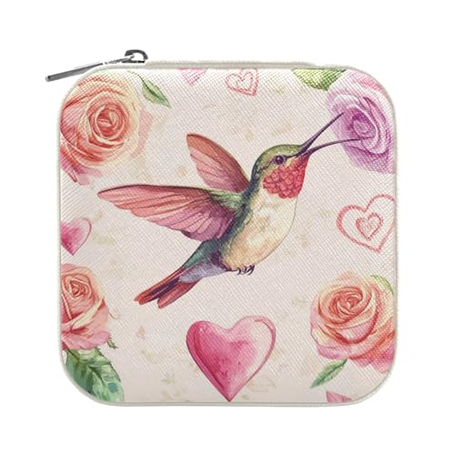 Travel Jewelry Case Jewelry Box Organizer for Women Girls Man Small Mini Portable Jewelry Storage Box for Earring Ring Necklace Hummingbirds Roses and Hearts 04 White - color: Hummingbirds Roses and Hearts 04
