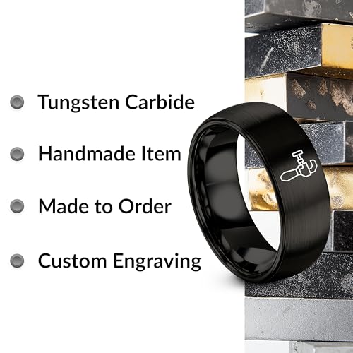 Chain Tool Ring - Gift for Cyclist - 8mm - Band - Gunmetal Black Silver - Personalized Custom Engraving - Men Women - Anniversary Engagement Wedding - Tungsten Carbide - Flat Dome Bevel - color: 03 - Black Tungsten