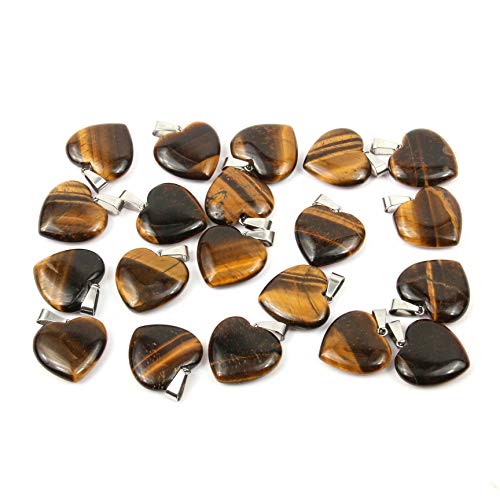 LE SKY 20 Pcs natural stone pendants heart shape healing stone charms for jewelry making - color: tiger eye