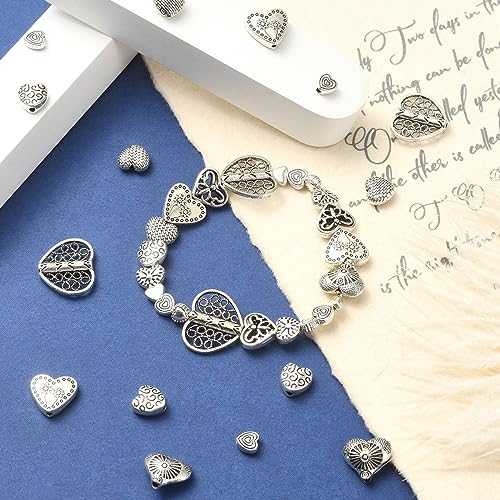 DanLingJewelry 100Pcs 10 Styles Tibetan Alloy Antique Sweet Love Heart Beads Heart Spacer Beads for Valentine's Day Jewelry Making - color: 100pcs - heart I - 10 styles
