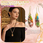 2 Pcs Boho Lapis Lazuli Jewelry Set for Women - Handmade Natural Stone Beaded Long Necklace with Oval Lapis Lazuli Pendant & Trapezoid Lapis Lazuli Earrings | Vintage Elegance | Ideal Gift for Her - style: Imperial Jasper Pendant