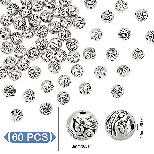 PH PandaHall 8mm Round Spacers Beads, 60pcs Tibetan Alloy Metal Charms Beads Antique Silver Metal Loose Spacer Beads for Bracelet Necklace Jewelry Making, Hole: 1.5mm - color: Round Antique Silver - 60pcs, size: 8mm