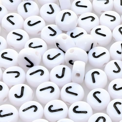 Amaney 100pcs J Letter Beads 7x4mm White Round Acrylic Black Alphabet for Bracelet Jewelry Making - color: J