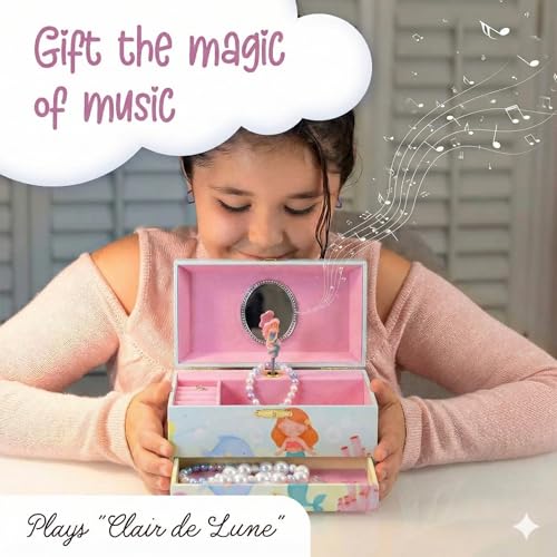The Memory Building Co Mermaid Musical Jewelry Box Plays Classic Melody, Storage Organizer Music Box for Kids Ages 6-12, MDF Wood w/ 2 Fabric Lined Ring Bracelet Necklace Treasure Compartments - style: Mermaid