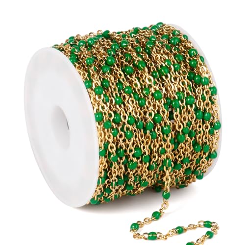33 Feet Gold Enamel Chains Bulk, 2mm 18K Gold PVD Plated 304 Stainless Steel Green Enamel Beaded Cable Link Chain Roll Spool for Jewelry Making - color: Gold Green Beads