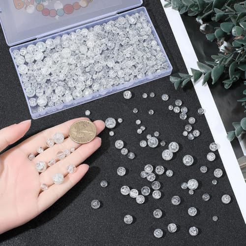 1 Box 450PCS 4/6/8/10MM Clear Crackle Round Glass Beads with Holes Crack Transparent Painted Assorted Smooth Crystal Spacer Loose Bead Bulk for Jewelry Making Necklace Bracelet DIY Craft - color: White