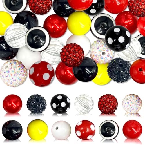 50Pcs Black Red Chunky Bubblegum Beads for Adult DIY Beadable Pens Bracelets Necklaces Pearl Beaded Craft Graduation Jewelry Making - color: Black+Red