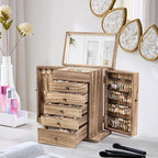 Emfogo Wooden Jewelry Box for Women, 6-Tier Large Jewelry Organizer Boxes with Mirror Rustic Solid Wood jewlery Storage Display for Rings Earrings Necklaces Bracelets watches(Carbonized Brown)