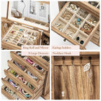 Emfogo Wooden Jewelry Box for Women, 6-Tier Large Jewelry Organizer Boxes with Mirror Rustic Solid Wood jewlery Storage Display for Rings Earrings Necklaces Bracelets watches(Carbonized Brown)