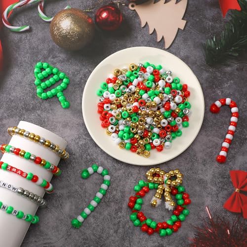 UPINS Christmas Pony Beads, 1200Pcs Red White Green Gold Silver Plastic Beads Christmas Necklace Hair Beads Crafts DIY - color: Christmas