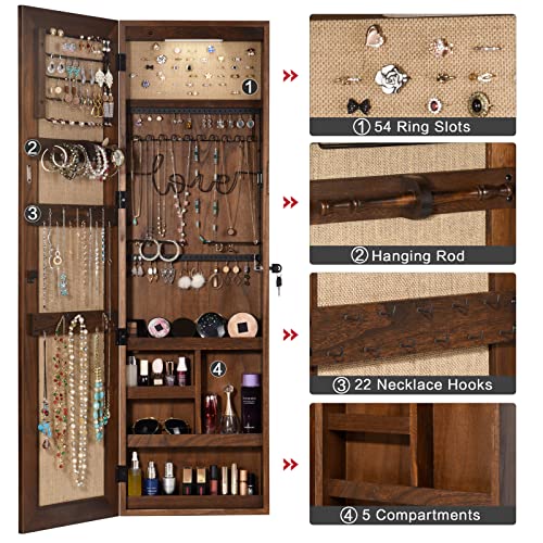 SRIWATANA Jewelry Organizer, Wall/Door Mounted Jewelry Armoire Cabinet with Mirror, Solid Wood(Dark Brown) - color: dark brown