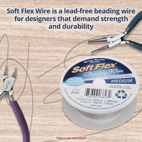 Soft Flex 49 Strand Beading Wire, Medium 0.019 Diameter, 100 Feet, Premium Nylon Coated Jewelry Wire for Bracelets, Necklaces and Beading Projects - Made in the USA - style: Satin Silver