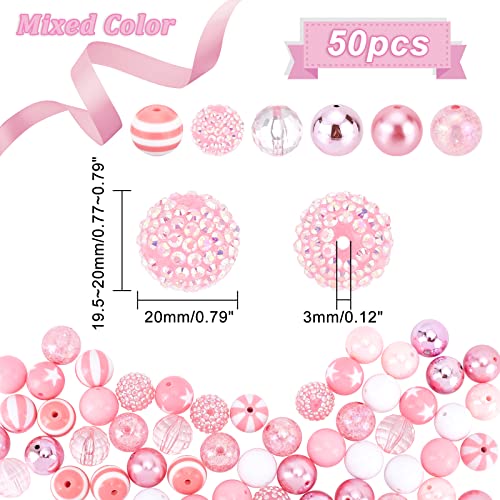 PH PandaHall 50pcs Valentine’s Beads 20mm Pink Bubblegum Beads Acrylic Pen Beads Large Rhinestone Beads Loose Beads for Wedding Garland Breast Cancer Mother Jewelry Bracelet Pen Bag Chain Making - color: Pink