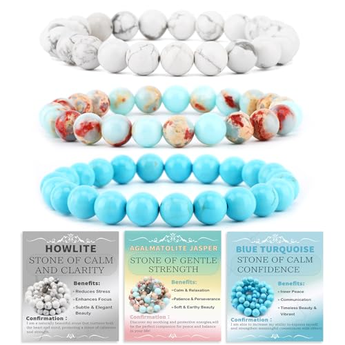 2/3-Pieces 4mm 6mm 8mm Natural Crystal Gemstone – Handmade Reiki Energy Healing Stretch Bracelets Jewelry for Yoga, Meditation, Unisex - color: 3 Pieces (AgalmatoliteJasper&BlueTurquoise&Howlite), size: 8mm