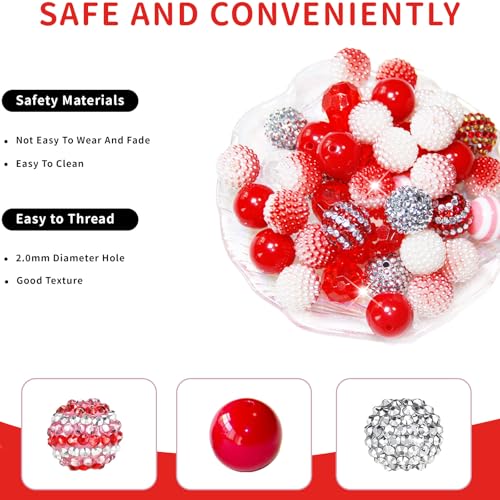 48 Pcs 20mm Beads for Pens Rhinestone Bubblegum Beads Red Crystal Acrylic Round Chunky Bead Sparkly Craft Large Balls Bead for Pen Beadable Keychain Bracelet Necklace DIY Jewelry Making Supplies - color: Red