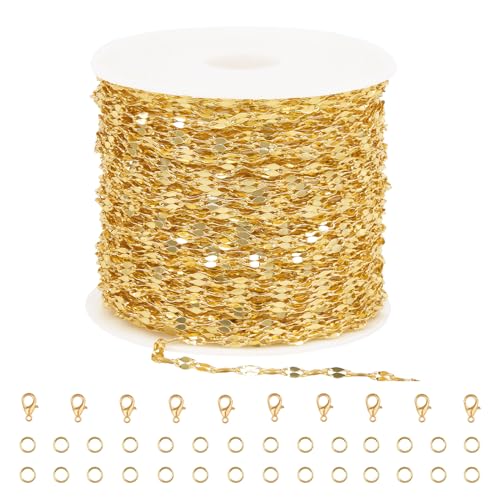 GTVOODX 33 Feet 18K Gold PVD Plated Stainless Steel Lip Chains for Jewelry Making 2mm Dapped Sequin Chain Spool Bulk for DIY Necklace and Bracelet Accessories - color: Gold Lip